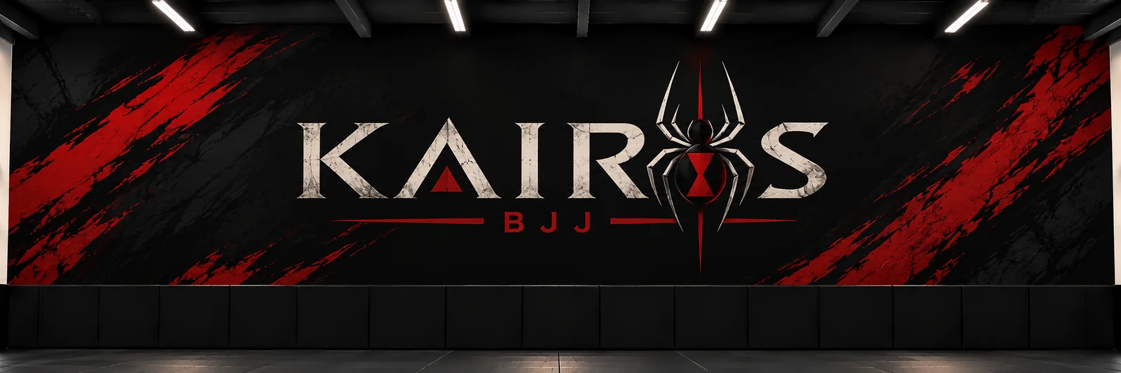 Concept rendering of the Kairos BJJ mat room with the spider logo on a black and red wall